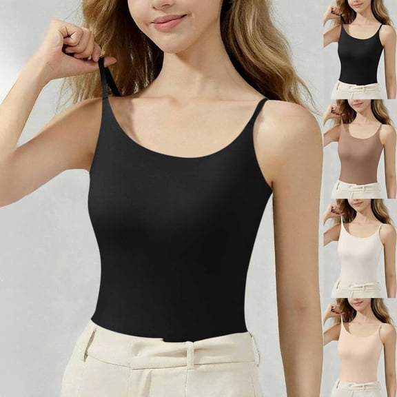 Inverlee Womens Solid Color Slim Fit Crewneck Tops Sleeveless Thermal Tanks with Built-in Pads Pullover Casual Fashion Shirts Cami