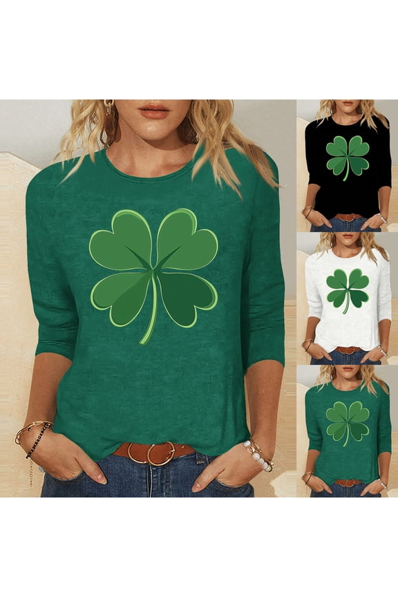 Womens St Patrick's Day 3/4 Sleeve Plus Size Blouse Trendy Funny Four Leaf Clover Print Round Neck Tunics Dressy Casual Ireland Festive Shirts