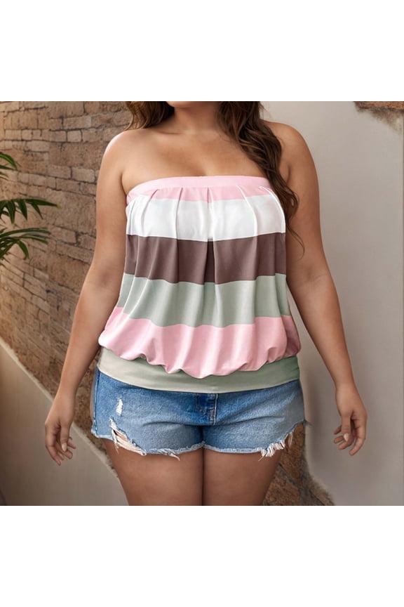 Womens Strapless Bandeau Tanks Wide Striped Print Sleeveless Tube Tops Pleated Off Shoulder Color Block Tunics