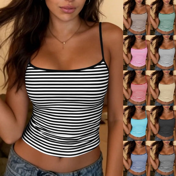 Inverlee Womens Striped Spaghetti Strap Tops Slim Fit Crewneck Blouses Summer Everyday Basic Shirts Yellow M