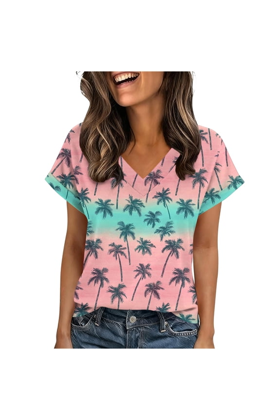 Womens Summer Short Sleeve Shirts Trendy V Neck Gradient Color Tunics Coconut Tree Print Beach Vacation Tops Blouse