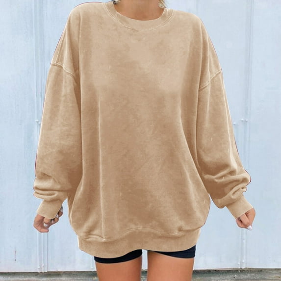 Inverlee Womens Sweatshirt Plus Size Solid Color Sweatshirts Round Neck Casual Sweater Tops Trendy Long Sleeve Shirts Womens Sweatshirts Under $10