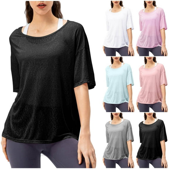 Inverlee Womens T Shirts Crewneck Summer Short Sleeve Tops Cute Solid Color Shirts Flowy Holiday Tunic Blouse Tee Summer Fashion