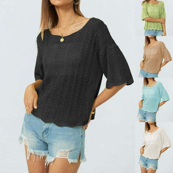 Inverlee Womens T Shirts Crewneck Summer Short Sleeve Tops Loose Fit Solid Color Shirts Soft Vacation Tunic Blouse Tee Summer Fashion