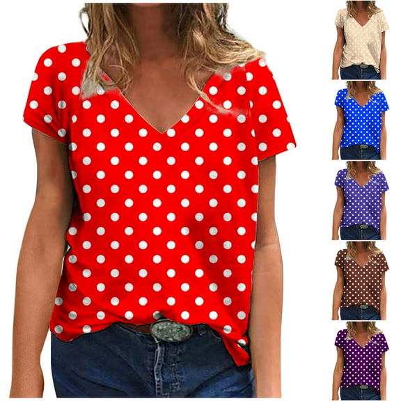 Inverlee Womens T Shirts V Neck Dressy Casual Short Sleeve Tops Loose Fit Dot Print Shirts Classic Vacation Tunic Blouse Tee