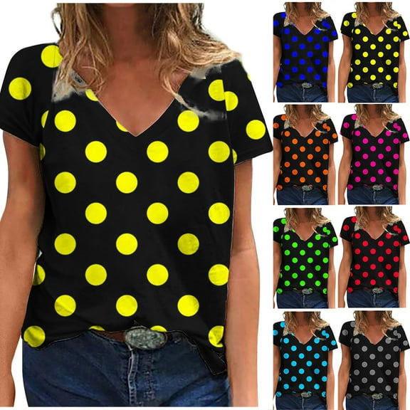 Inverlee Womens T Shirts V Neck Dressy Casual Short Sleeve Tops Loose Fit Dot Print Shirts Soft Work Tunic Blouse Tee Summer Fashion