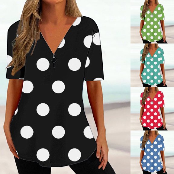 Inverlee Womens T Shirts V Neck Dressy Casual Short Sleeve Tops Plus Size Dot Print Shirts Soft Holiday Tunic Blouse Tee