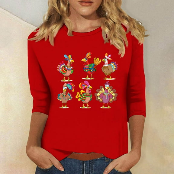 Inverlee Womens Thanksgiving Shirts Plus Size Turkey Pumpkin Print Tees Comfy 3/4 Sleeve Cotton T-shirts Crewneck Dressy Casual Blouse Tops