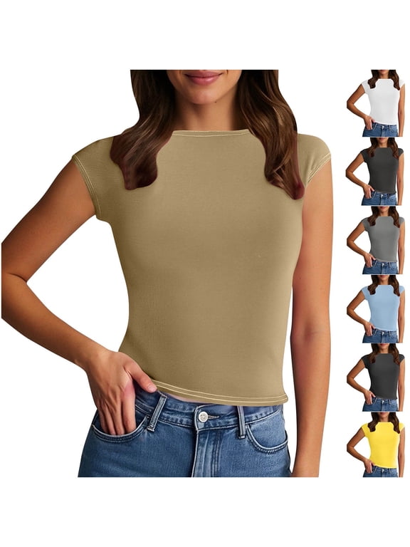 Womens Trendy Backless Cap Short Sleeve Tops Casual Slim Fit Boat Neck TShirts Summer Basic Dressy Casual Tee Blouse