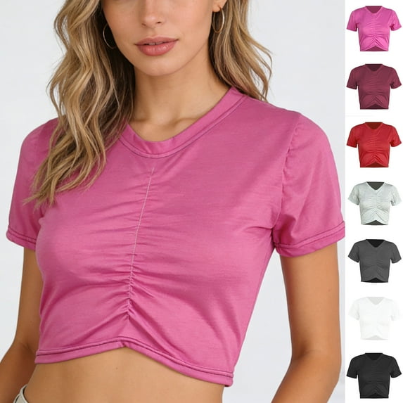 Inverlee Womens Trendy Slim Fit Crop Tops Summer Solid Short Sleeve Blouse Casual Front Pleated V Neck Shirts