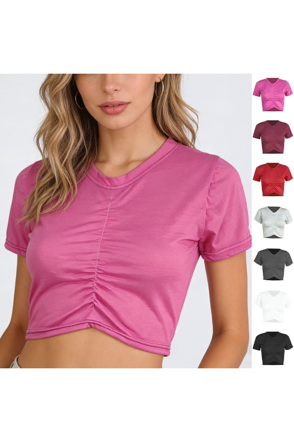 Womens Trendy Slim Fit Crop Tops Summer Solid Short Sleeve Blouse Casual Front Pleated V Neck Shirts