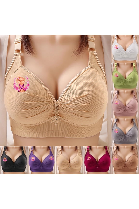 Womens Twist Bust Ribbed Wireless Bra Pink Ribbon Fist Graphic Print Adjustable Thin Straps Multi Tone 100% Nylon Plus Size Support Lingerie Khaki (XS-XXXXL)