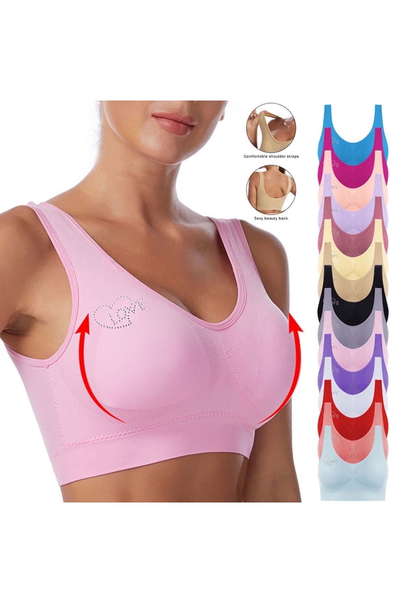 Womens U Back Seamless Wireless Bra Heart Love Rhinestone Wide Fixed Shoulder Straps Multi Solid Color Stretch Nylon Comfort Sleep Lingerie Pink (S-XXXXL)