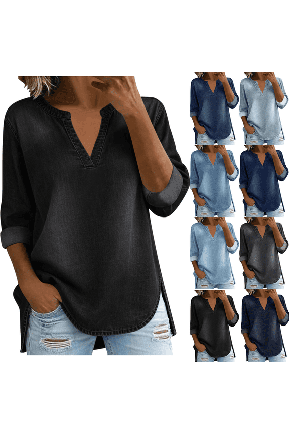 Womens V Notch Neck Denim Shirts 3/4 Sleeve Rolled Cuff Blouses Daily Wear Casual Tops Black L