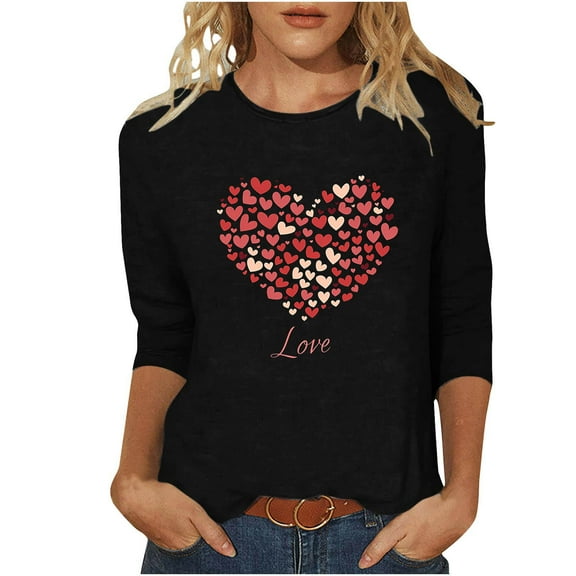 Inverlee Womens Valentine's Day Shirts Plus Size Love Heart Graphic Tees Casual 3/4 Sleeve Blouse Crewneck Tunic T-shirt Tops Spring Clothes for Women 2025