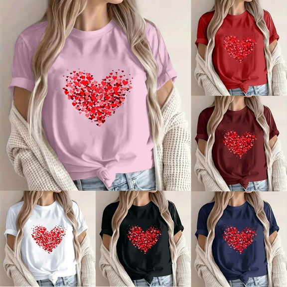 Inverlee Womens Valentines Day Shirts Plus Size Love Heart Graphic Tees Stretch Short Sleeve Blouse Round Neck Dressy Casual T-shirt Tops Valentines Day Gifts for Women
