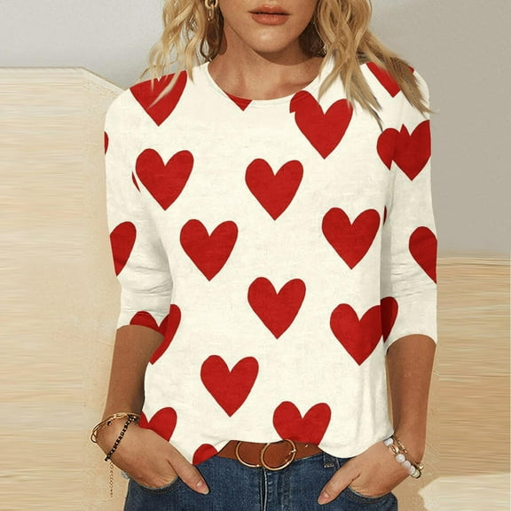 Inverlee Womens Valentines Day Shirts Sweet Love Heart Graphic Tees Soft 3/4 Sleeve Blouse Crewneck Dressy Casual T-shirt Tops Womens Fashion