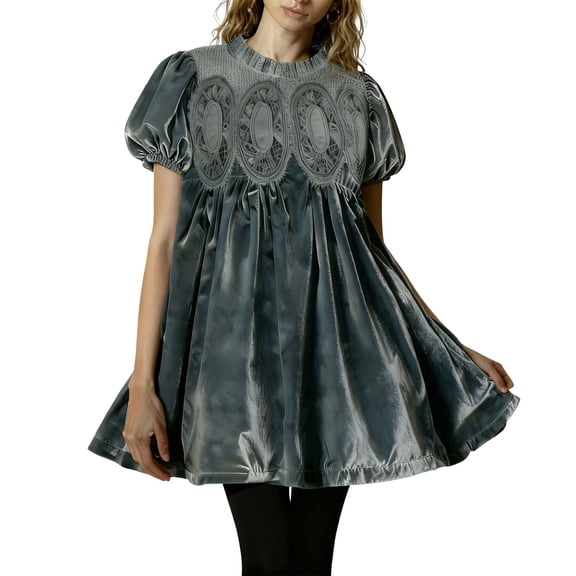 Inverlee Womens Velvet Babydoll Blouse Puff Short Sleeve Shirts Elegant Lace Mock Neck Overall Pleated Swing Skirtall Flared Tops