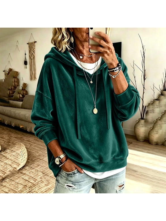 Womens Velvet Hooded Pullovers Long Sleeve Drop Shoulder Shirts Luxe Soft Sweatshirt Boho Daily Tops