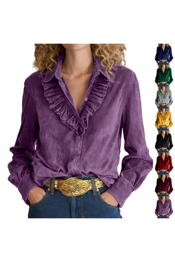 Womens Velvet V Neck Ruffle Collar Blouse Retro Casual Long Sleeve Tops Elegant Loose Fit Button Down Shirts