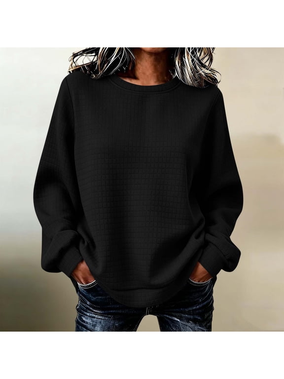Womens Waffle Grid Crewneck Sweatshirt Long Sleeve Bubble Sleeve Pullover Simple Daily Top Navy S