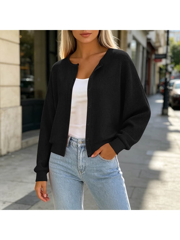 Womens Waffle Knit Cardigans Round Neck Button Front Long Sleeve Sweaters for Weekend Layering Jacket Black (S-2XL)