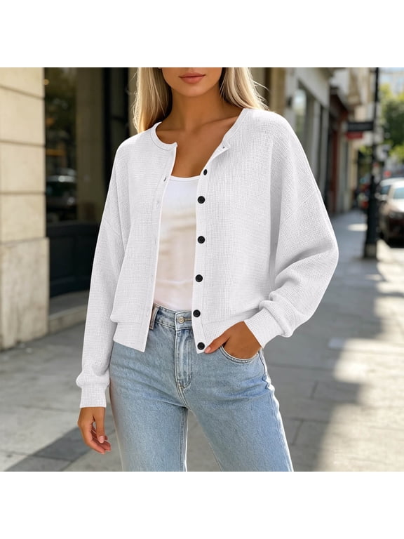 Womens Waffle Knit Cardigans Round Neck Button Front Long Sleeve Sweaters for Weekend Layering Jacket White (S-2XL)