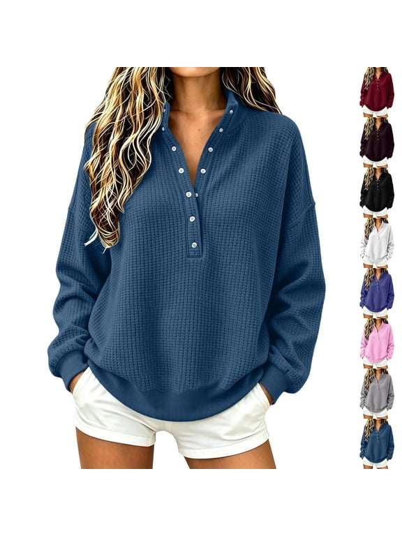 Womens Waffle Knit Henley Snap Button Sweatshirt Stand Collar Long Sleeve Oversized Pullover for Shopping Errands Home Relax Blue M