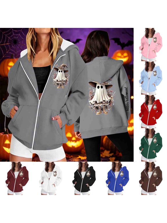Womens Western Cowboy Ghost Halloween Graphic Full Zip Hooded Sweatshirt Drawstring Hood Kangaroo Pockets Loose Casual Fall Outerwear Jackets Gray XXXL