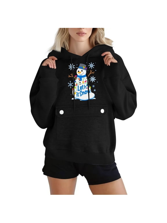 Womens Xmas Drawstring Hoodie Snowman With String Lights Let It Snow Winter Holiday Sweatshirts with Kangaroo Pocket Black XXXL