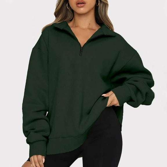 Inverlee Womens Zip Sweatshirt Loose Fit Solid Color Sweatshirts Crewneck Holiday Pullover Tops 2024 Long Sleeve Shirts