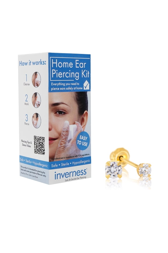 Home Ear Piercing Kit 24k Gold-Plated Stainless Steel 3mm Clear CZ for All Genders and Ages 18 and Up