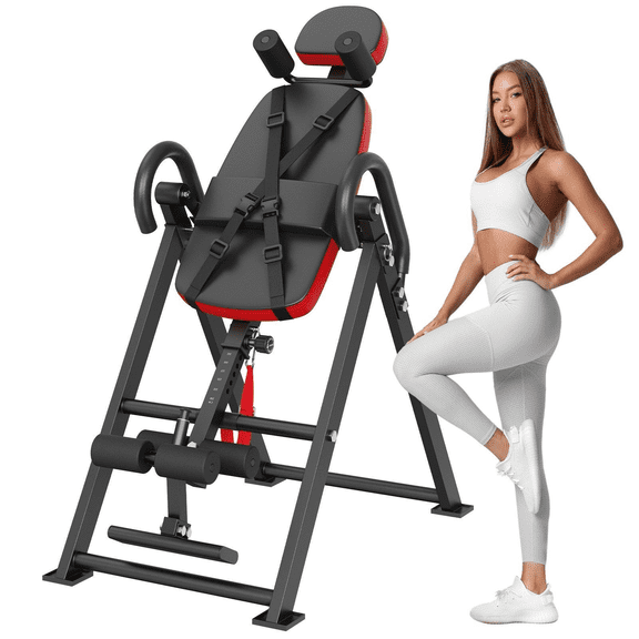 Inversion Table 300 Lbs Capacity - Heavy Duty Back Stretcher, Adjustable Angle, Headrest & Ankle Lock - Decompression & Spinal Traction Equipment - Red/Black