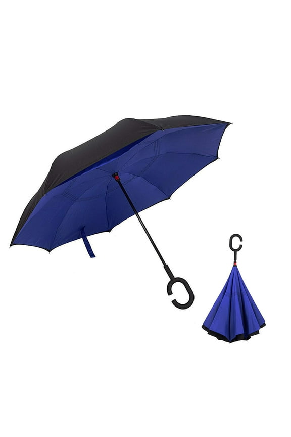 Inverted Blue Umbrella Windproof Reverse Double Layer Umbrella with C-shaped Hands B11845-2 CU50