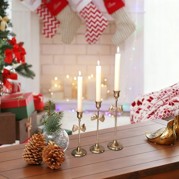 Inverted Heart Candlestick Set 3 Piece Candle Holder Set with Bow and Heart Designs Gold Iron Modernist Decor for Romantic Dinner Wedding Centerpiece Holiday Table Decor