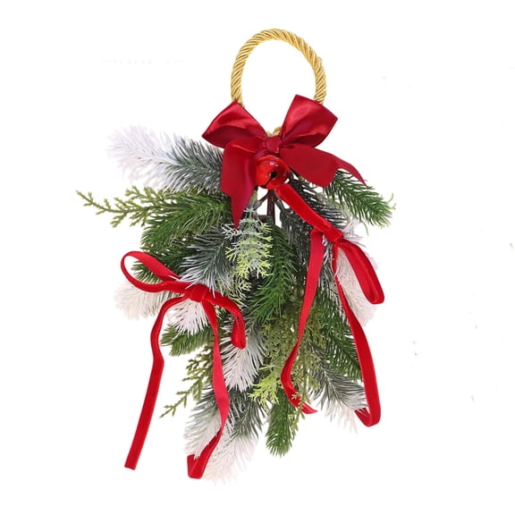 Inverted Pine Bough Decoration Featuring a Christmas Bow and Bells Hanging in a Teardrop Shape for Christmas Decoration