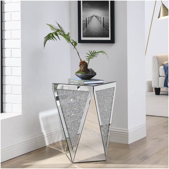 Inverted Triangle Mirror Accent Table, Silver Diamond Decor Side Table with Glass Top for Home and Office