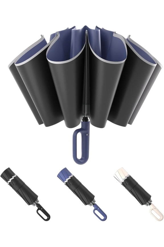 Inverted Umbrella with Carabiner Clip Handle & Reflective Strip- Reverse Folding Travel Umbrella Compact Auto Open/Close,10 Ribs Windproof for Women Men UV Sun & Rain Protection