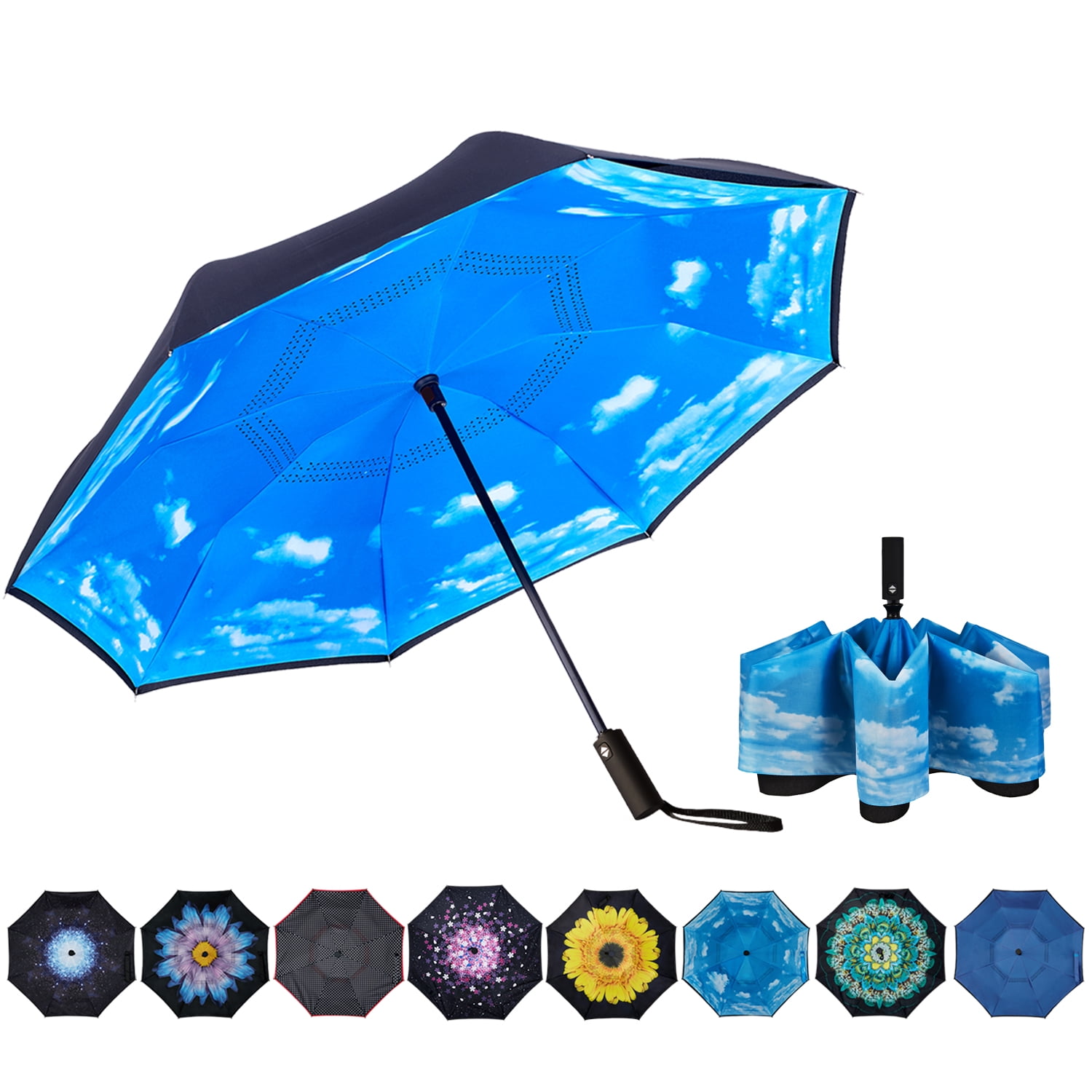 Inverted Umbrella Double Layer Automatic Folding Reserve Umbrella Windproof UV Protection for Rain Car Travel Outdoor Men Women, Blue Sky