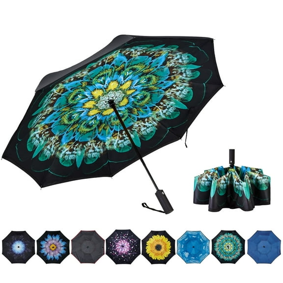 Inverted Umbrella Double Layer Automatic Folding Reserve Umbrella Windproof UV Protection for Rain Car Travel Outdoor Men Women, Peacock Ling