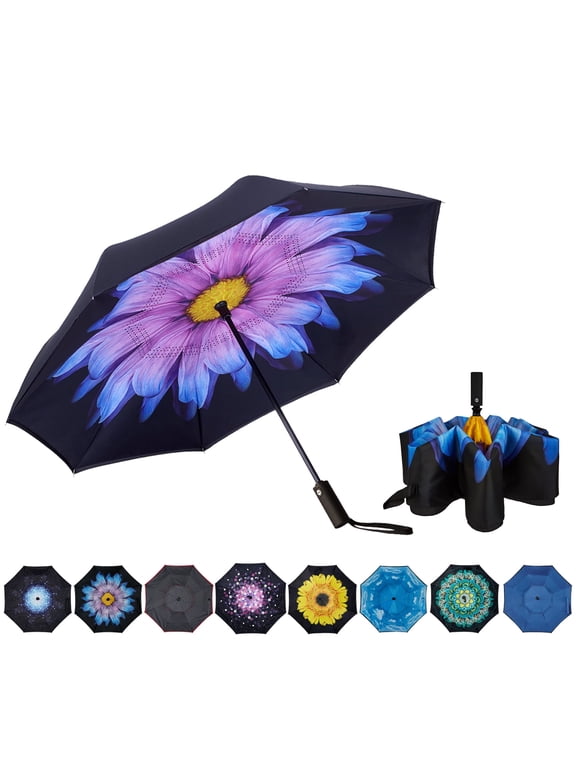 Inverted Umbrella Double Layer Automatic Folding Reserve Umbrella Windproof UV Protection for Rain Car Travel Outdoor Men Women, Purple Follower