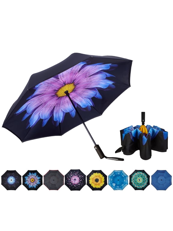 Inverted Umbrella Double Layer Automatic Folding Reserve Umbrella Windproof UV Protection for Rain Car Travel Outdoor Men Women, Purple Follower