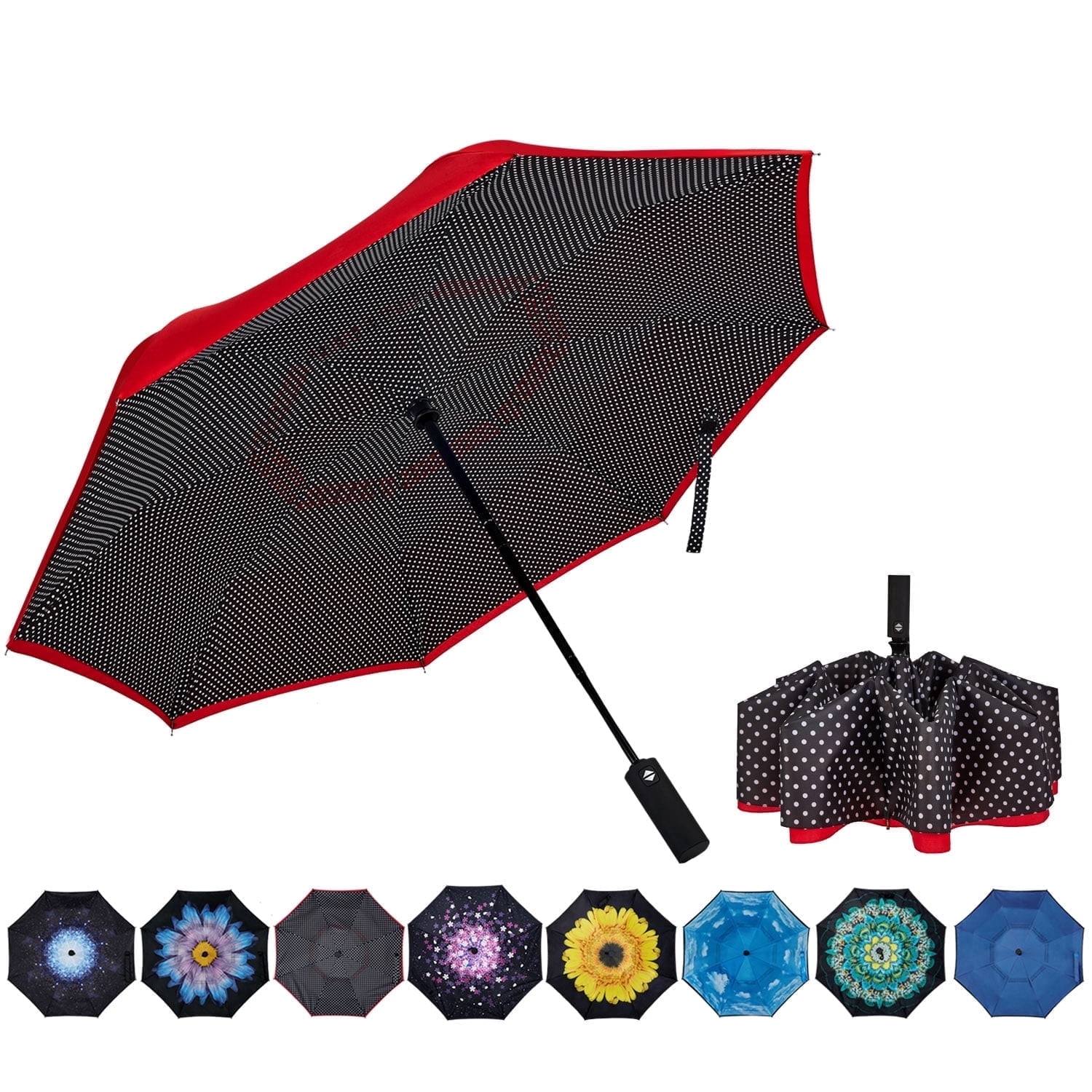 Kabum Inverted Umbrella Double Layer Automatic Folding Reserve Umbrella Windproof UV Protection for Rain Car Travel Outdoor Men Women, Red Dot