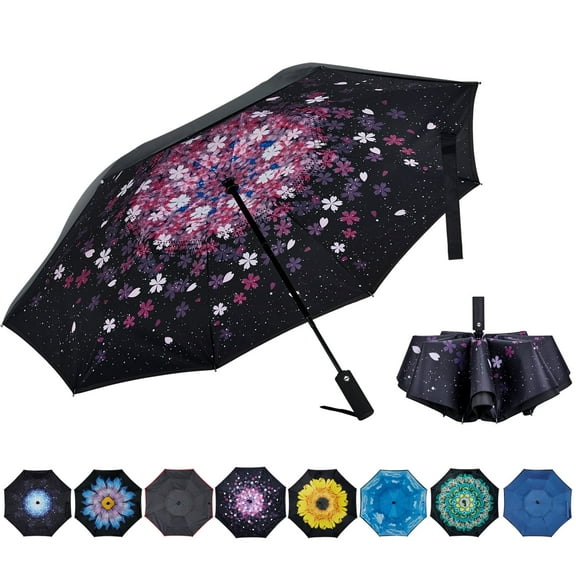 Inverted Umbrella Double Layer Automatic Folding Reserve Umbrella Windproof UV Protection for Rain Car Travel Outdoor Men Women, Sakura