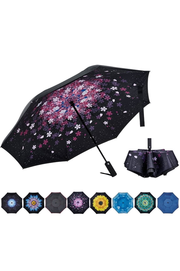 Inverted Umbrella Double Layer Automatic Folding Reserve Umbrella Windproof UV Protection for Rain Car Travel Outdoor Men Women, Sakura