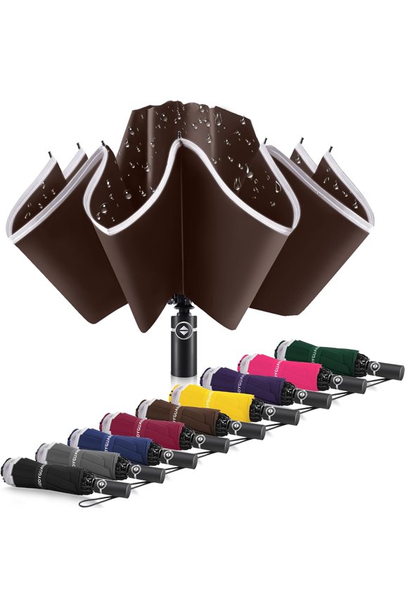 Inverted Umbrella - Large Windproof for Rain & Sun, Compact Reverse With Reflective Stripe, Teflon-Coated for Women Men, Travel Folding With Cover Bag,Brown