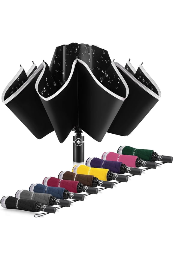 Inverted Umbrella - Large Windproof for Rain & Sun, Compact Reverse With Reflective Stripe, Teflon-Coated for Women Men, Travel Folding With Cover Bag