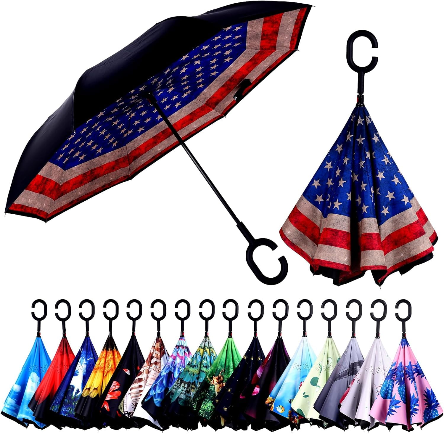 Inverted Umbrella, Windproof Reverse Umbrellas for Rain with Reversible Inside-Out Design Large Upside Down Umbrella for Women & Men with C-shaped Handle (American Flag)