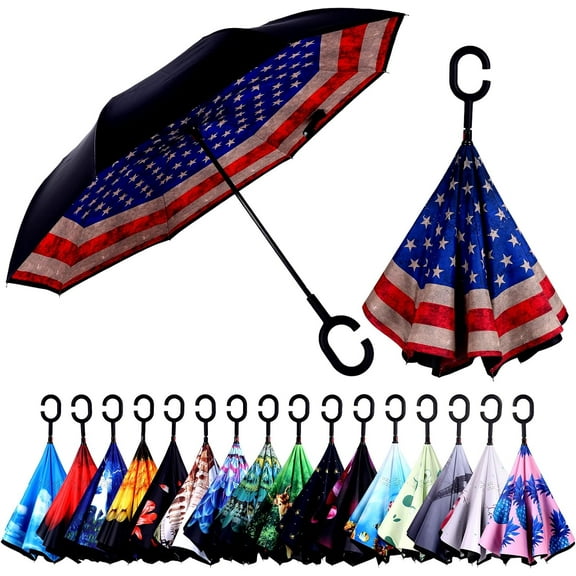 Inverted Umbrella, Windproof Reverse Umbrellas for Rain with Reversible Inside-Out Design Large Upside Down Umbrella for Women & Men with C-shaped Handle (American Flag)