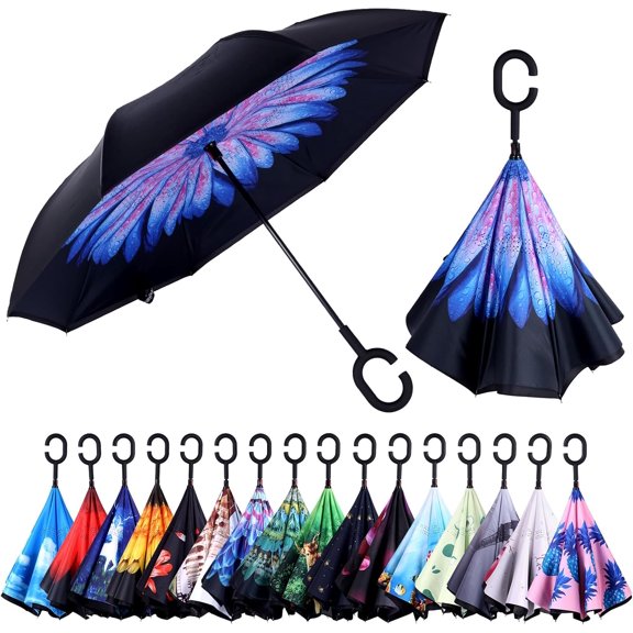 Inverted Umbrella,Windproof Reverse Umbrellas for Rain with Reversible Inside-Out Design Large Upside Down Umbrella for Women & Men with C-shaped Handle